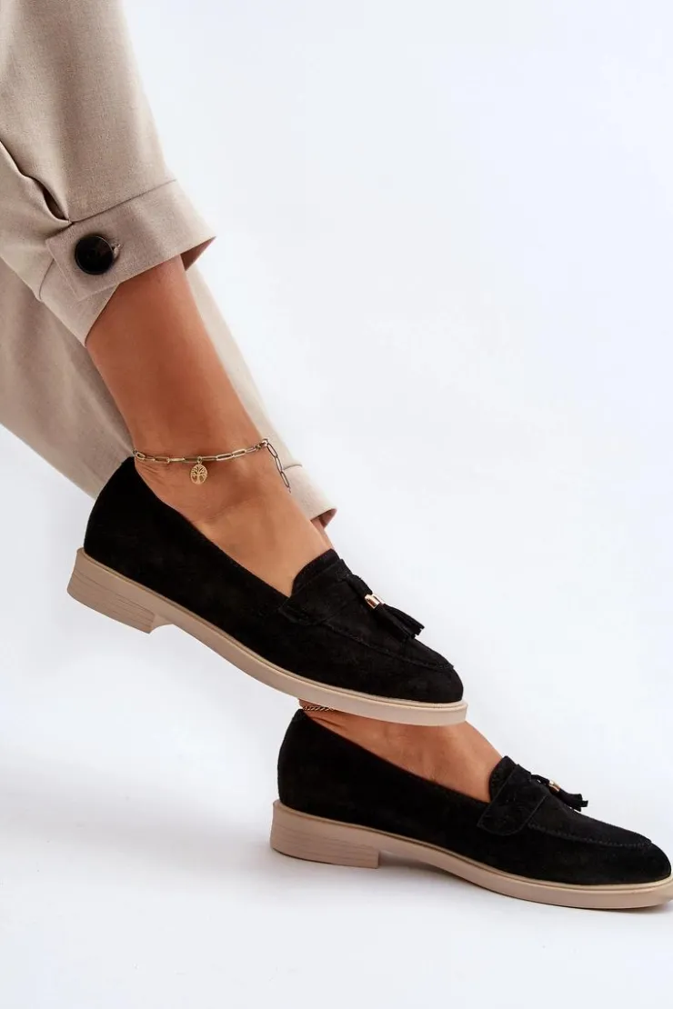 Damskie Zazoo 3420 Zamszowe Mokasyny Damskie Na Płaskim Obcasie Czarne