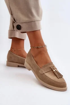 Outlet Zazoo 3420 Zamszowe Mokasyny Damskie Na Płaskim Obcasie Beżowe Beżowy