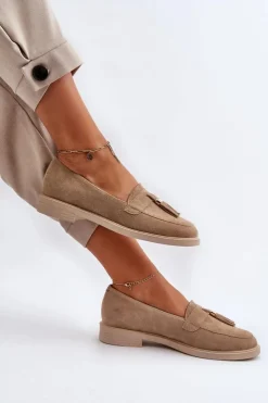 Outlet Zazoo 3420 Zamszowe Mokasyny Damskie Na Płaskim Obcasie Beżowe Beżowy