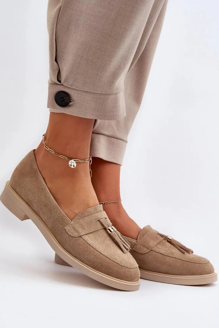 Outlet Zazoo 3420 Zamszowe Mokasyny Damskie Na Płaskim Obcasie Beżowe Beżowy