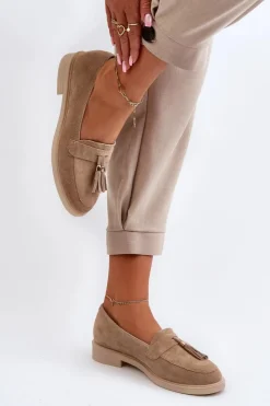 Outlet Zazoo 3420 Zamszowe Mokasyny Damskie Na Płaskim Obcasie Beżowe Beżowy