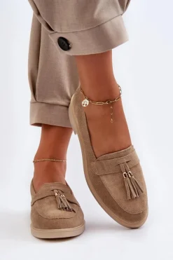 Outlet Zazoo 3420 Zamszowe Mokasyny Damskie Na Płaskim Obcasie Beżowe Beżowy