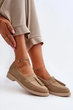 Outlet Zazoo 3420 Zamszowe Mokasyny Damskie Na Płaskim Obcasie Beżowe Beżowy