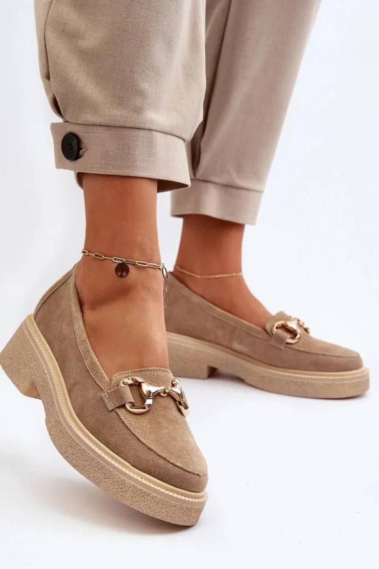 Best Zazoo 3429 Zamszowe Mokasyny Damskie Z Ozdobą Beżowe Beżowy