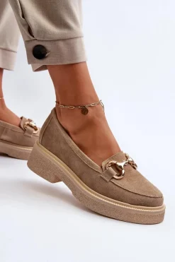 Best Zazoo 3429 Zamszowe Mokasyny Damskie Z Ozdobą Beżowe Beżowy