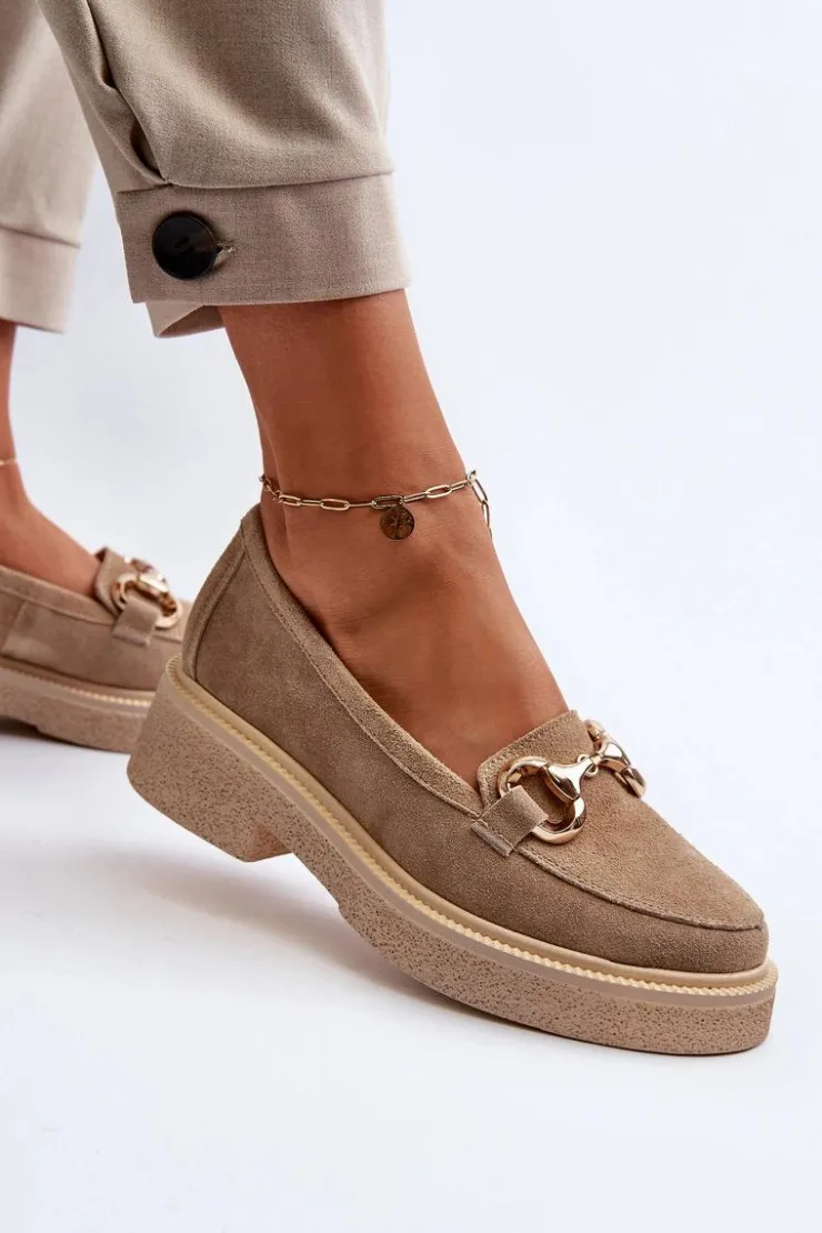 Best Zazoo 3429 Zamszowe Mokasyny Damskie Z Ozdobą Beżowe Beżowy