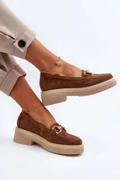 Zazoo Loafersy Damskie|Mokasyny Płaskie*3429 Zamszowe Mokasyny Damskie Z Ozdobą Brązowe Brązowy