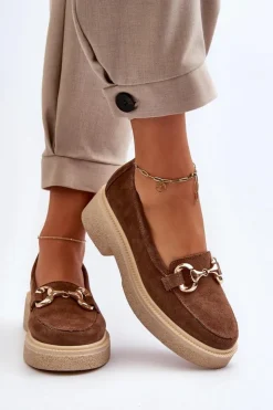 Zazoo Loafersy Damskie|Mokasyny Płaskie*3429 Zamszowe Mokasyny Damskie Z Ozdobą Brązowe Brązowy