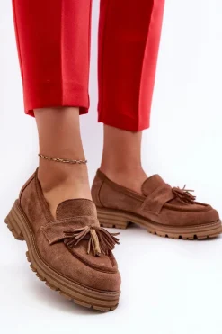Damskie Zazoo 3469 Zamszowe Mokasyny Damskie Z Frędzlami Brązowe