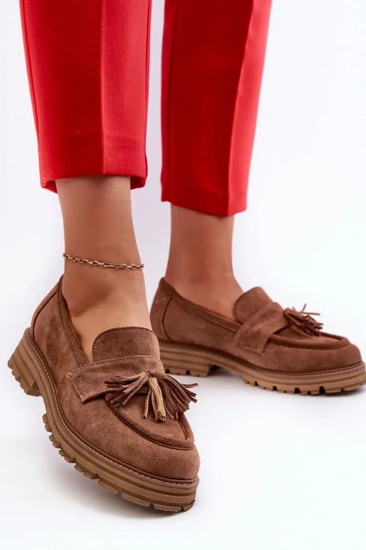 Damskie Zazoo 3469 Zamszowe Mokasyny Damskie Z Frędzlami Brązowe