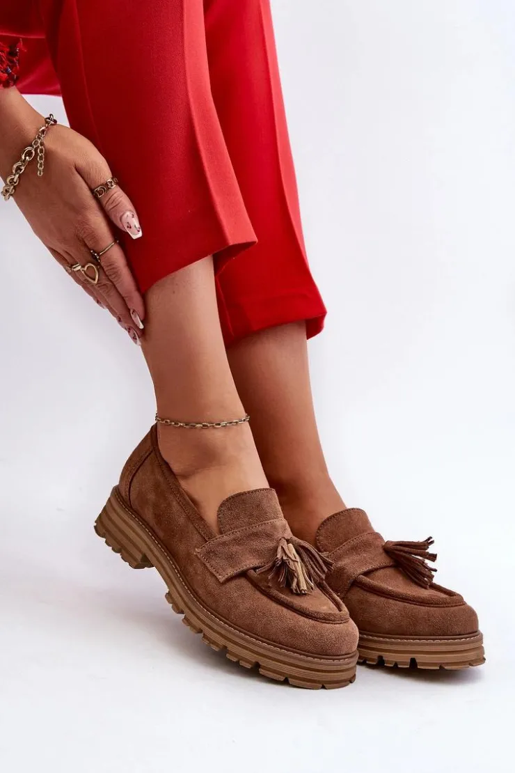 Damskie Zazoo 3469 Zamszowe Mokasyny Damskie Z Frędzlami Brązowe