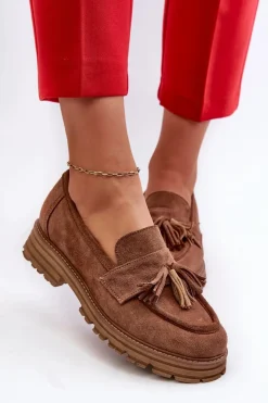Damskie Zazoo 3469 Zamszowe Mokasyny Damskie Z Frędzlami Brązowe