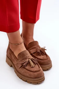 Damskie Zazoo 3469 Zamszowe Mokasyny Damskie Z Frędzlami Brązowe