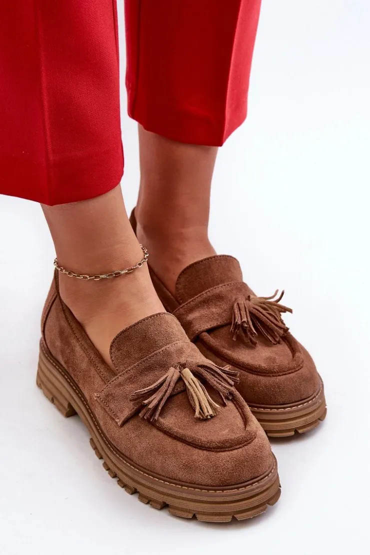 Damskie Zazoo 3469 Zamszowe Mokasyny Damskie Z Frędzlami Brązowe