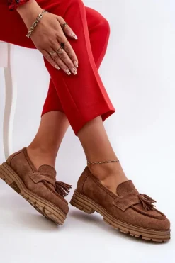 Damskie Zazoo 3469 Zamszowe Mokasyny Damskie Z Frędzlami Brązowe