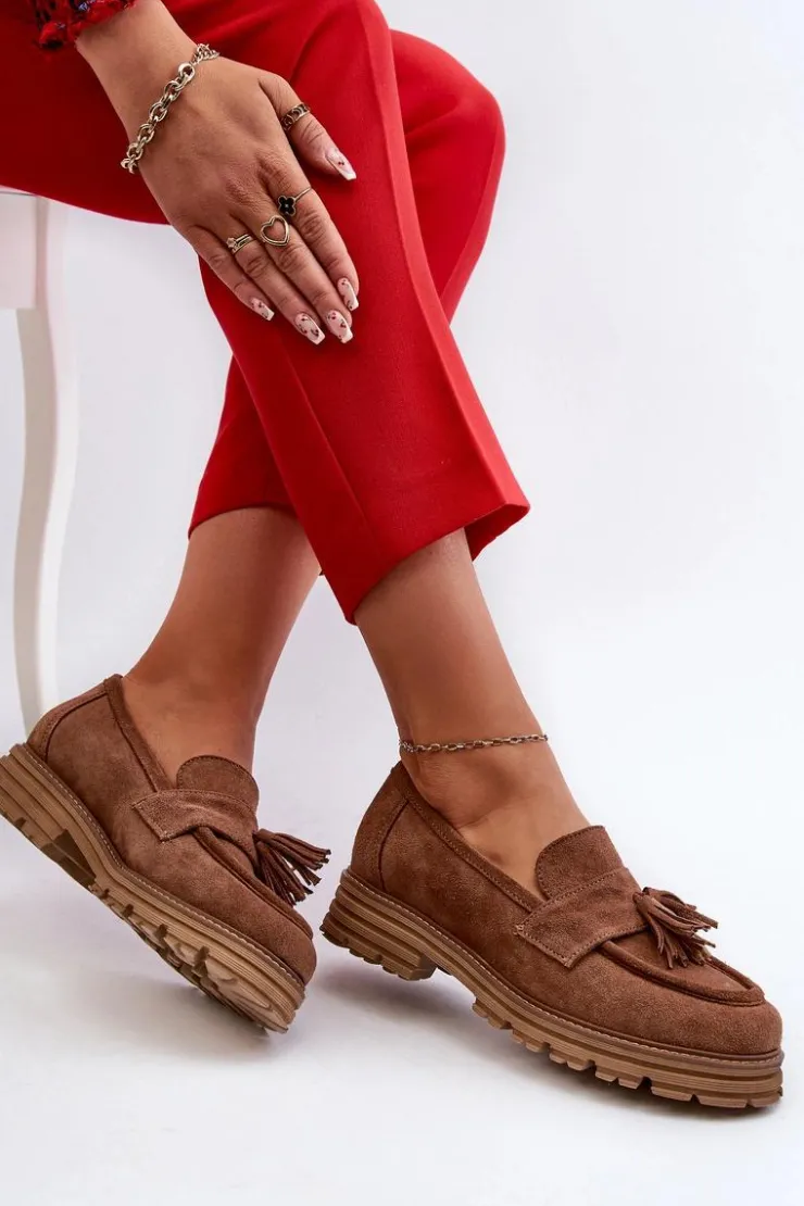 Damskie Zazoo 3469 Zamszowe Mokasyny Damskie Z Frędzlami Brązowe