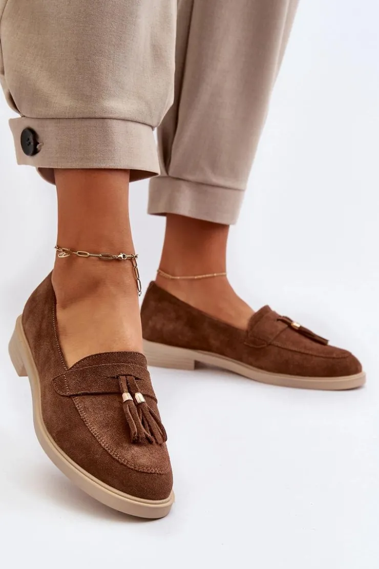 Zazoo Loafersy Damskie|Mokasyny Płaskie*3420 Zamszowe Mokasyny Damskie Na Płaskim Obcasie Brązowe Brązowy