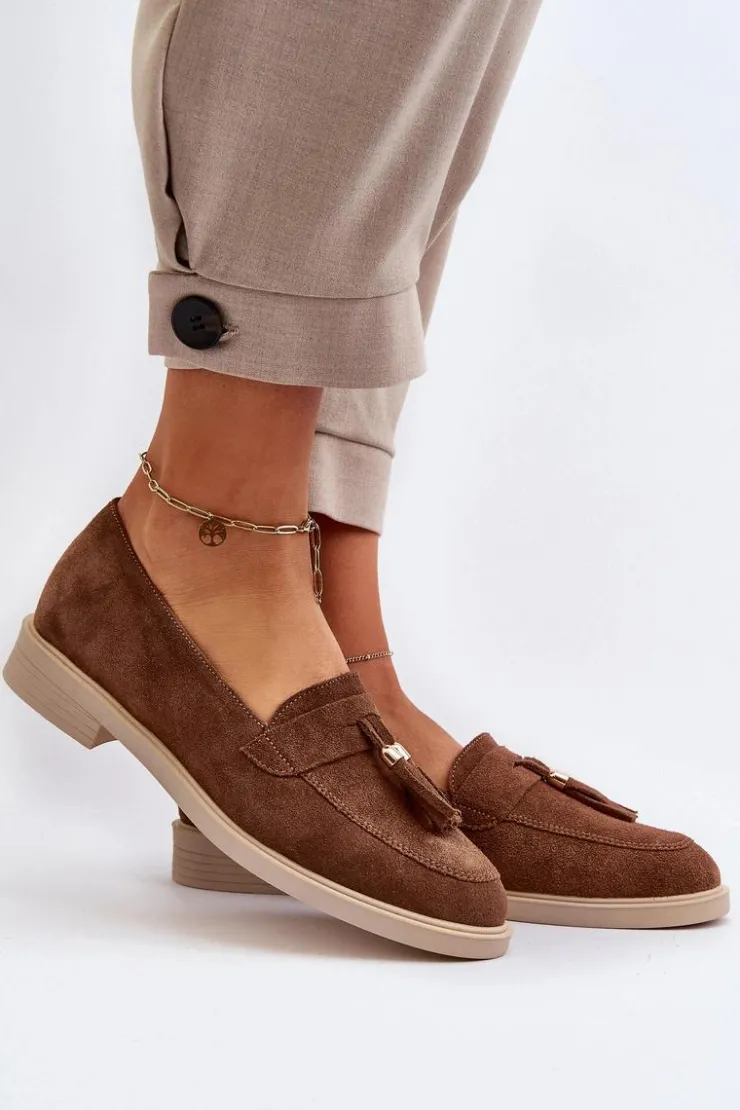 Zazoo Loafersy Damskie|Mokasyny Płaskie*3420 Zamszowe Mokasyny Damskie Na Płaskim Obcasie Brązowe Brązowy