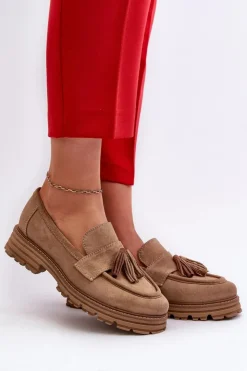 Zazoo Loafersy Damskie|Mokasyny Płaskie*3469 Zamszowe Mokasyny Damskie Z Frędzlami Beżowe Beżowy