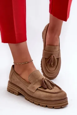 Zazoo Loafersy Damskie|Mokasyny Płaskie*3469 Zamszowe Mokasyny Damskie Z Frędzlami Beżowe Beżowy