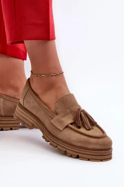 Zazoo Loafersy Damskie|Mokasyny Płaskie*3469 Zamszowe Mokasyny Damskie Z Frędzlami Beżowe Beżowy