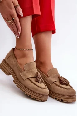 Zazoo Loafersy Damskie|Mokasyny Płaskie*3469 Zamszowe Mokasyny Damskie Z Frędzlami Beżowe Beżowy