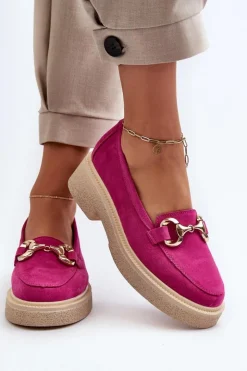 New Zazoo 3429 Zamszowe Mokasyny Damskie Z Ozdobą Fuksja Różowy