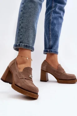 Damskie Zazoo 20169 Zamszowe Półbuty Na Obcasie Ciemnobeżowe