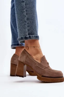 Damskie Zazoo 20169 Zamszowe Półbuty Na Obcasie Ciemnobeżowe