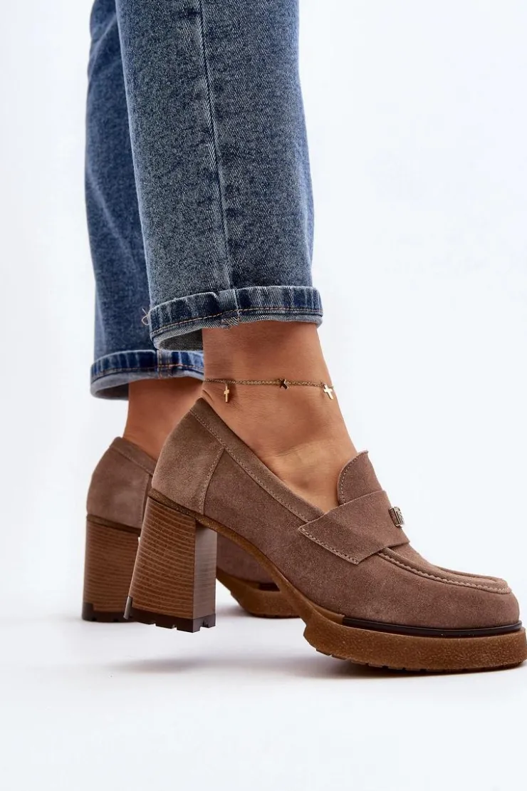 Damskie Zazoo 20169 Zamszowe Półbuty Na Obcasie Ciemnobeżowe