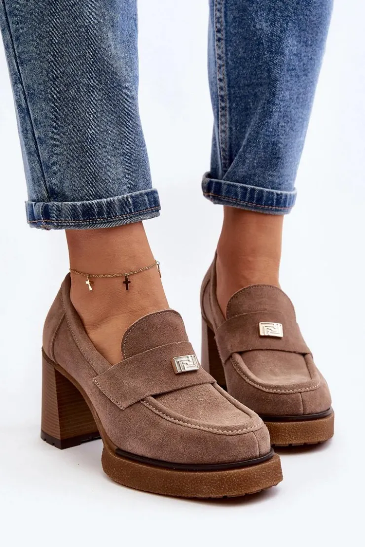 Damskie Zazoo 20169 Zamszowe Półbuty Na Obcasie Ciemnobeżowe