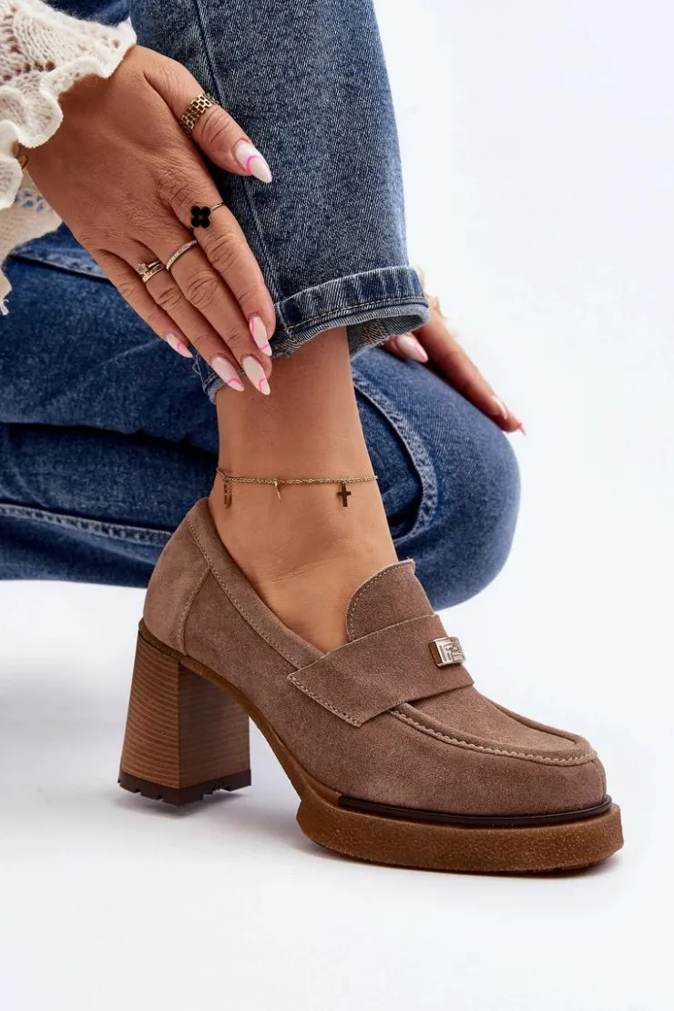 Damskie Zazoo 20169 Zamszowe Półbuty Na Obcasie Ciemnobeżowe