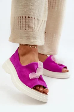 Damskie Zazoo 2939 Zamszowe Sandały Damskie Z Kokardką Fuksja