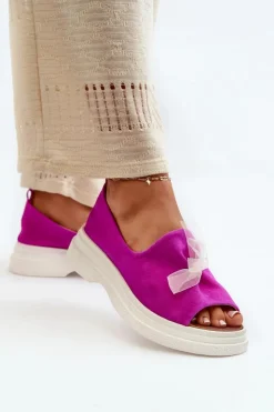 Damskie Zazoo 2939 Zamszowe Sandały Damskie Z Kokardką Fuksja