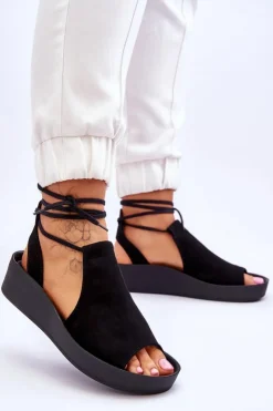 Damskie Zazoo 2743 Zamszowe Sandały Na Koturnie Czarne