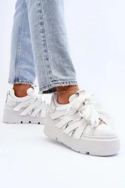 Damskie Zazoo 2F-7033 Sneakersy Na Masywnej Platformie Białe