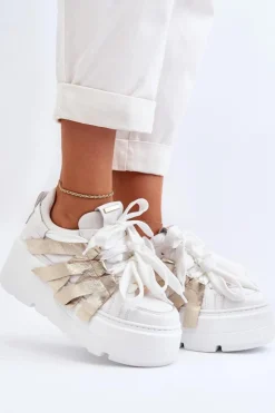 Zazoo Sneakersy Damskie*2F-7033 Sneakersy Na Masywnej Platformie Biało-Złote