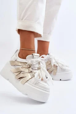 Zazoo Sneakersy Damskie*2F-7033 Sneakersy Na Masywnej Platformie Biało-Złote