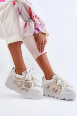 Zazoo Sneakersy Damskie*2F-7033 Sneakersy Na Masywnej Platformie Biało-Złote