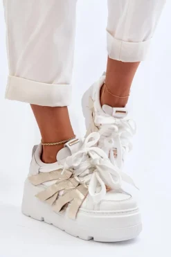 Zazoo Sneakersy Damskie*2F-7033 Sneakersy Na Masywnej Platformie Biało-Złote
