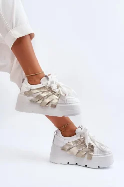 Zazoo Sneakersy Damskie*2F-7033 Sneakersy Na Masywnej Platformie Biało-Złote
