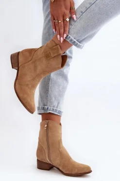 Zazoo Botki Wiosenne|Botki Na Słupku*3305/2/G Damskie Zamszowe Botki Kowbojki Na Niskim Obcasie Beżowe