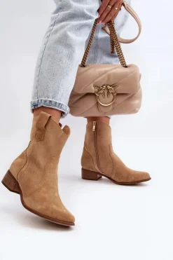 Zazoo Botki Wiosenne|Botki Na Słupku*3305/2/G Damskie Zamszowe Botki Kowbojki Na Niskim Obcasie Beżowe