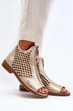 Damskie Zazoo 977/L Skórzane Ażurowe Sandały Na Zamek Złote