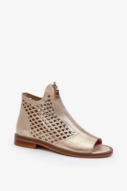 Damskie Zazoo 977/L Skórzane Ażurowe Sandały Na Zamek Złote