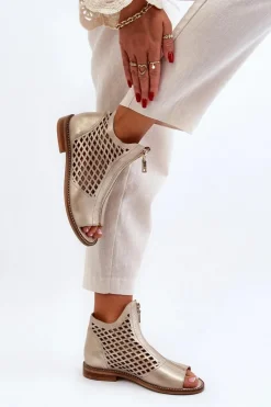 Damskie Zazoo 977/L Skórzane Ażurowe Sandały Na Zamek Złote