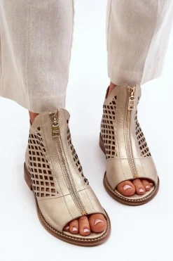 Damskie Zazoo 977/L Skórzane Ażurowe Sandały Na Zamek Złote