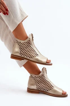 Damskie Zazoo 977/L Skórzane Ażurowe Sandały Na Zamek Złote