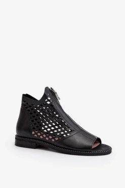 Zazoo Sandały Ażurowe|Sandały Płaskie*977/L Skórzane Ażurowe Sandały Na Zamek Czarne Czarny