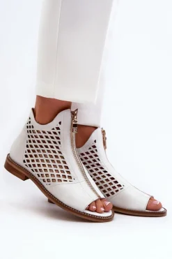 Clearance Zazoo 977/L Skórzane Ażurowe Sandały Na Zamek Białe Biały